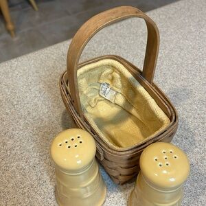 2003 Longaberger salt and pepper shakers  with coverlet and handmade basket